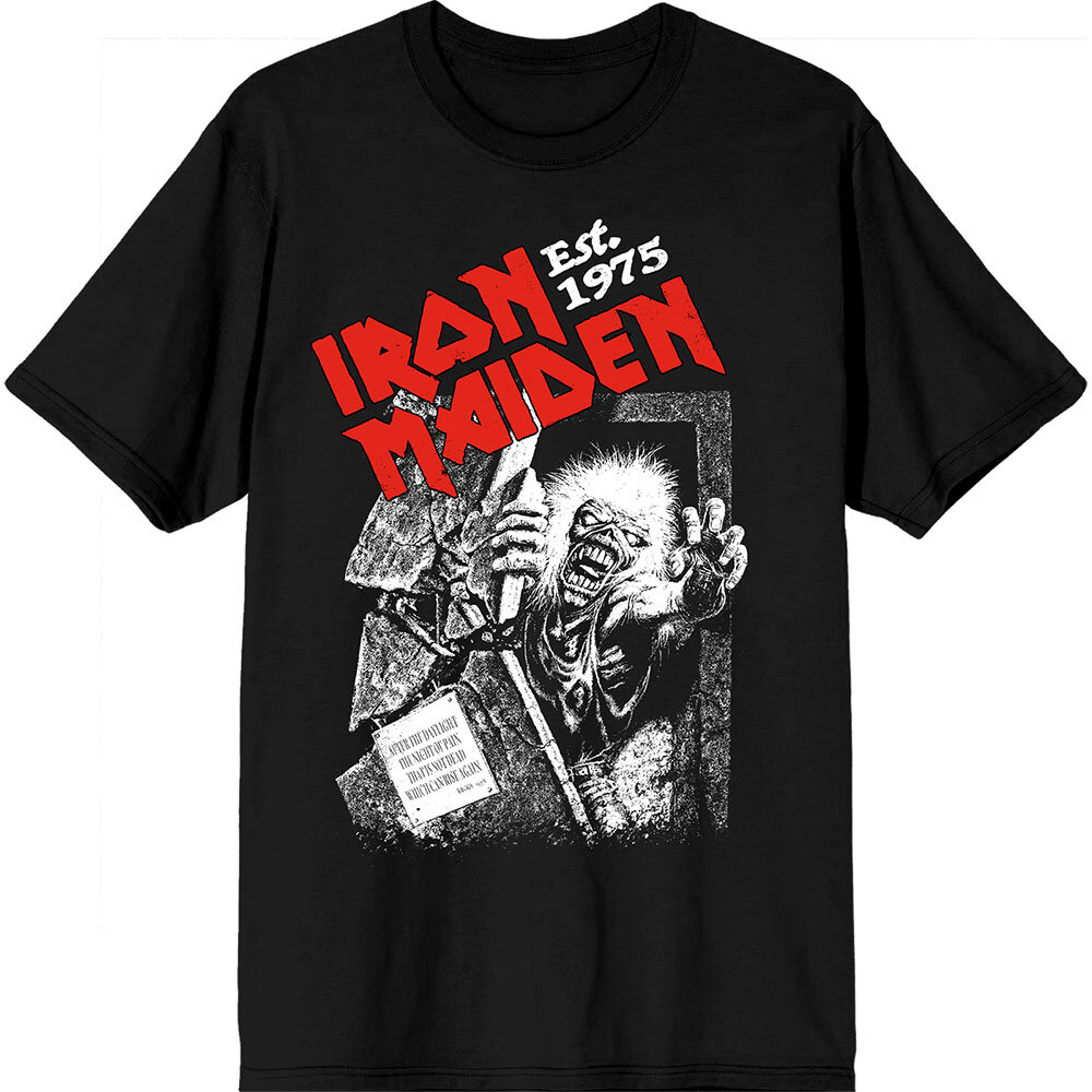Iron Maiden Unisex T-Shirt: Est. 1975 No Prayer Grave Red Logo