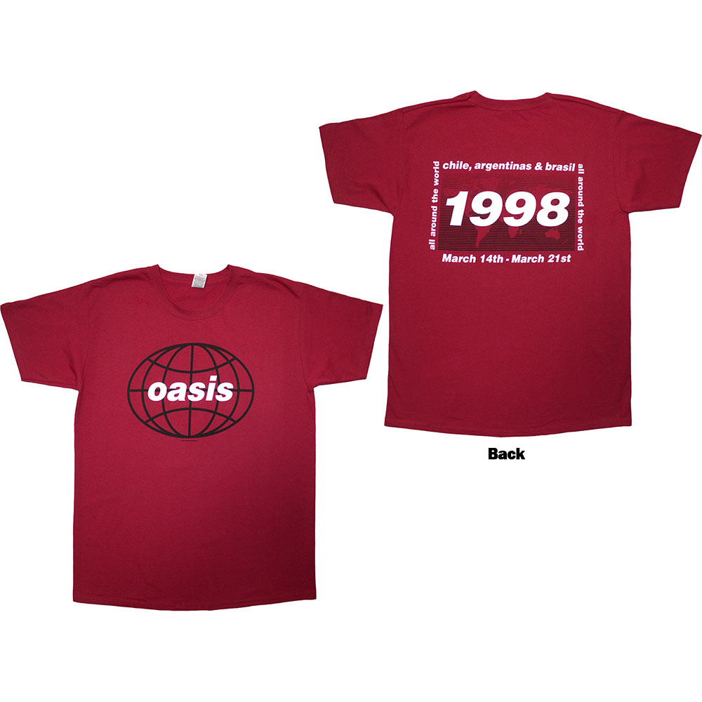 Oasis Unisex T-Shirt: 1998 World Tour - South America (Red) (Back