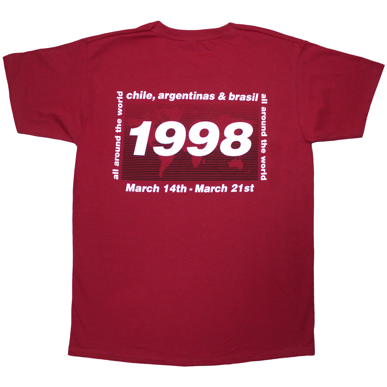 Oasis Unisex T-Shirt: 1998 World Tour - South America (Red) (Back